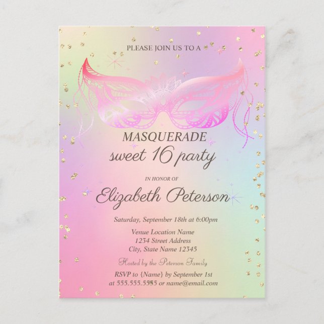 Invitation Carte Postale Diamants d'or mascarade Holographique Sweet 16 (Devant)