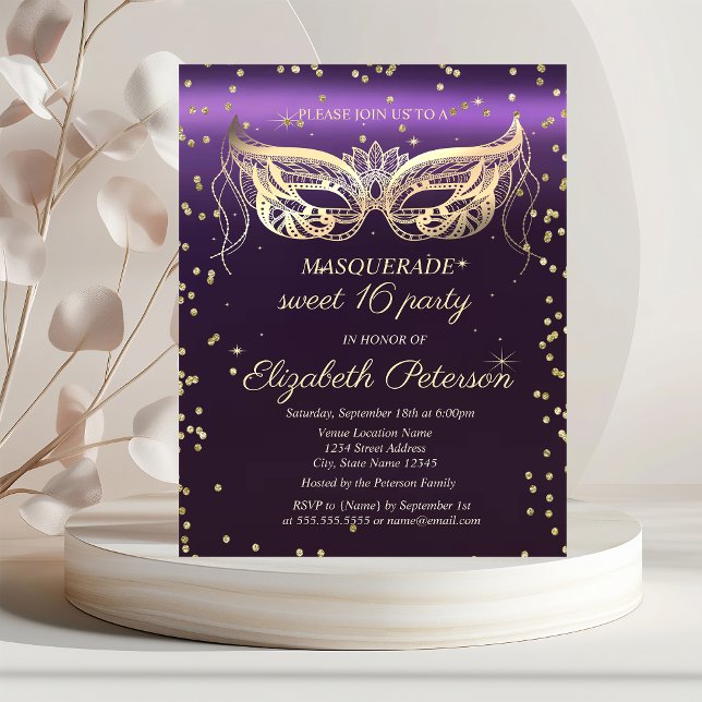 Invitation Carte Postale Diamants d'or mascarade Purple Sweet 16 (Créateur téléchargé)