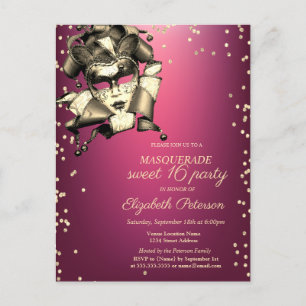 Invitation Carte Postale Diamants d'or, Masque de Venise, Purple Sweet 16