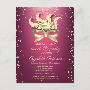 Invitation Carte Postale Diamants d'or masqué, Masque, Purple Sweet 16