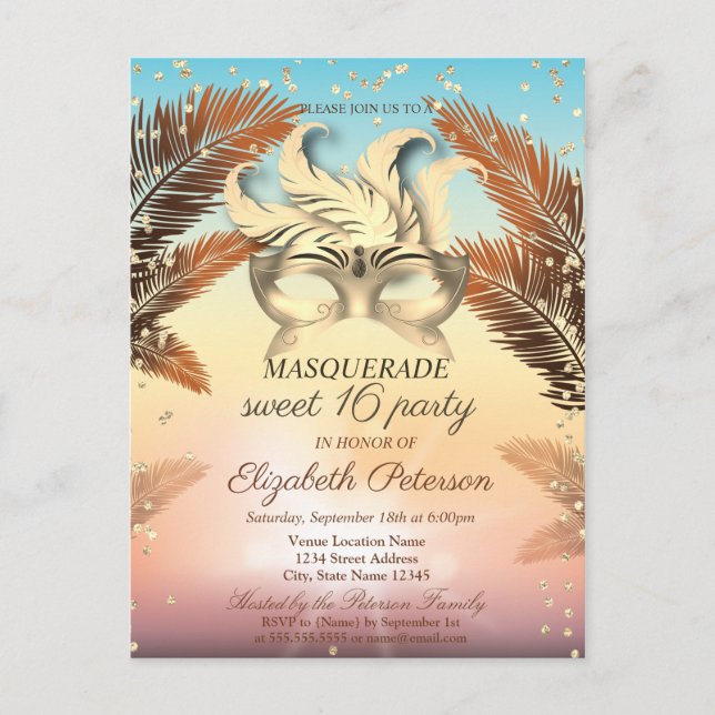 Invitation Carte Postale Diamants d'or, Masque, Palmiers doux 16 (Devant)