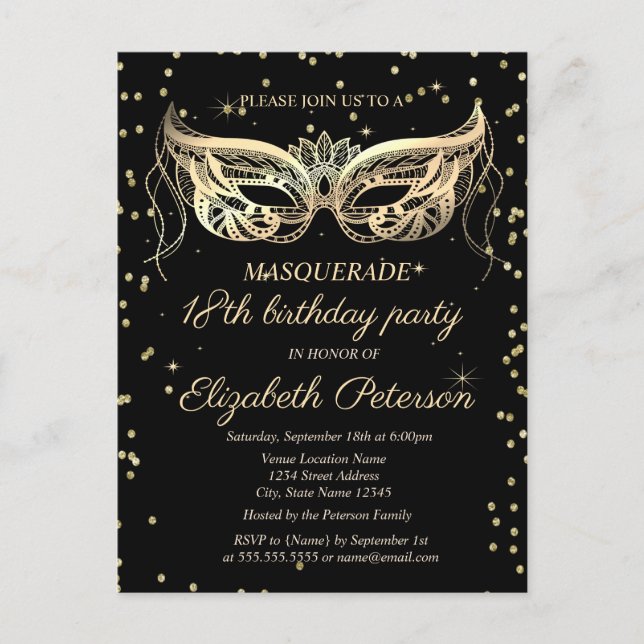 Invitation Carte Postale Diamants d'or Masquerade 18e anniversaire (Devant)