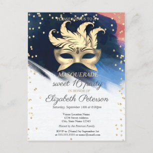 Invitation Carte Postale Diamants dorés, Masque, Pinceau Stroke Sweet 16