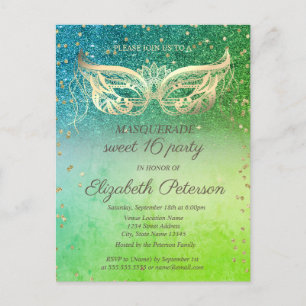 Invitation Carte Postale Diamants masqués Vert Parties scintillant douce 16