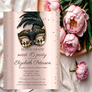 Invitation Carte Postale Diamants Or Rose Mascarade Noir Sweet 16