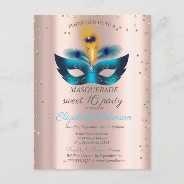 Invitation Carte Postale Diamants Rose or bleu Masquerade Sweet 16 (Devant)