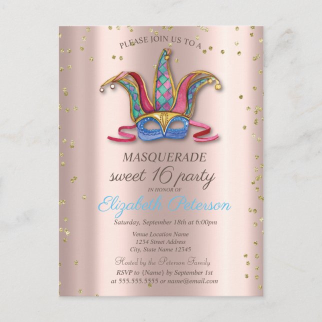 Invitation Carte Postale Diamants Rose or couleur or Masque Sweet 16 (Devant)
