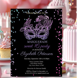 Invitation Carte Postale Diamants Violets Mascarade,Masque Sweet 16