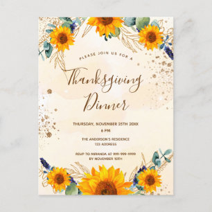 Invitation Carte Postale Dîner d'action de grâces tournesols chute d'eucaly