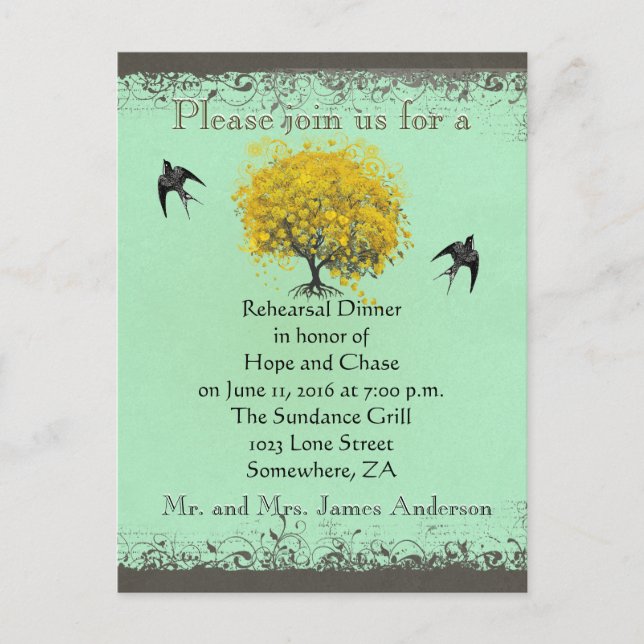 Invitation Carte Postale Dîner de répétition Arbre de feuilles de coeur de  (Devant)