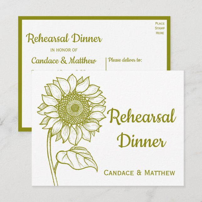 Invitation Carte Postale Dîner de répétition de fleurs vert de tournesol (Devant / Derrière)