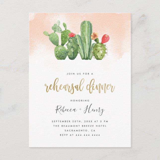 Invitation Carte Postale Dîner de répétition en Aquarelle rose et cactus (Devant)