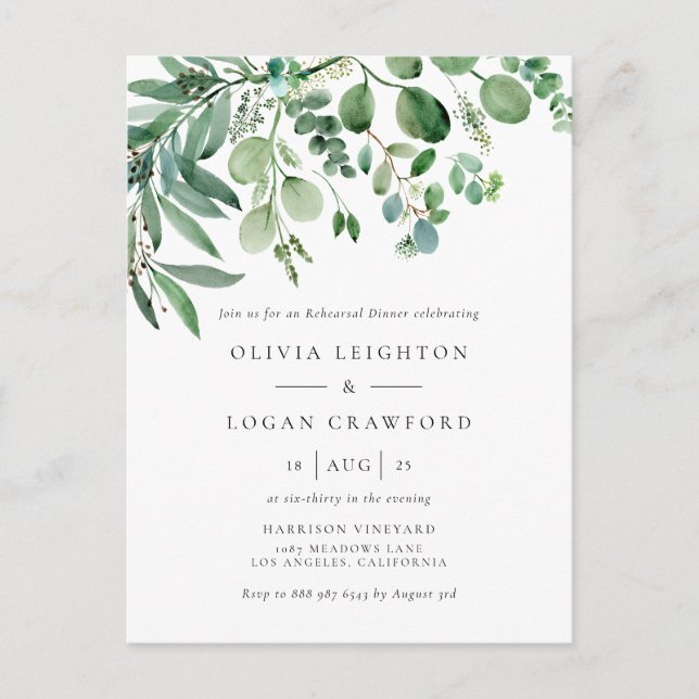 Invitation Carte Postale Dîner de répétition Eucalyptus Elégant (Devant)