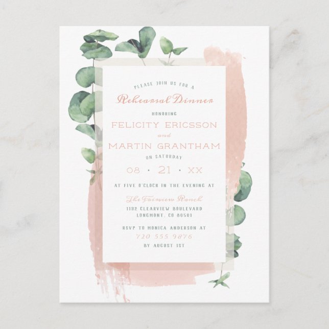 Invitation Carte Postale Dîner de répétition floral pinceau rose glamour (Devant)