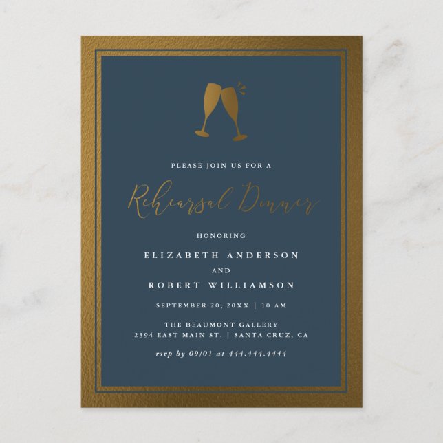 Invitation Carte Postale Dîner de répétition Gold & Navy Chic (Devant)