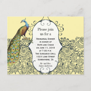 Invitation Carte Postale Dîner de répétition Paon Jaune Moutarde et Marine