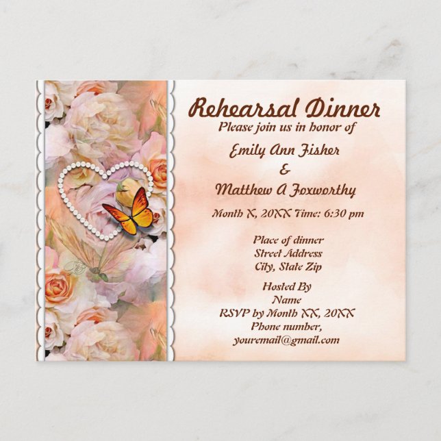 Invitation Carte Postale Dîner de répétition Perles de Coeur, Roses et papi (Devant)