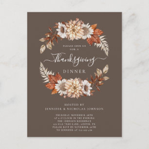 Invitation Carte Postale Dîner de Thanksgiving Fleurs de l'automne Brun Rus