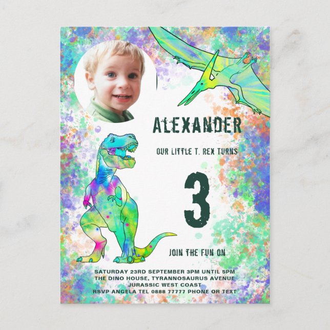 Invitation Carte Postale Dinosaur Anniversaire Photo Fête Moderne (Devant)