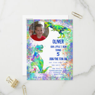 Invitation Carte Postale Dinosaur Boys 5e anniversaire coloré T Rex Photo I