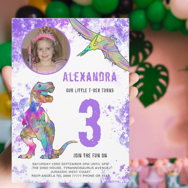 Invitation Carte Postale Dinosaur Filles à thème 3e anniversaire de la fête (Créateur téléchargé)