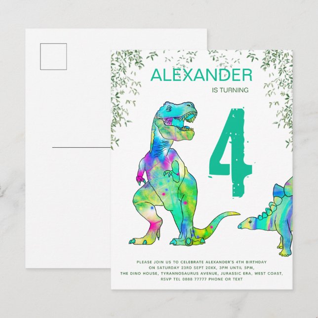 Invitation Carte Postale Dinosaur jungle 4ème anniversaire budget de la fêt (Devant / Derrière)