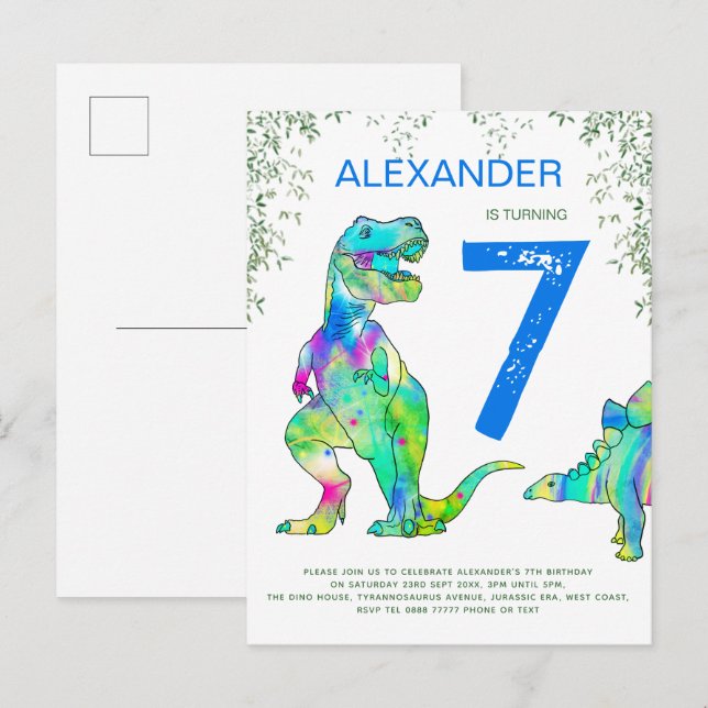 Invitation Carte Postale Dinosaur jungle Budget de fête d'anniversaire (Devant / Derrière)