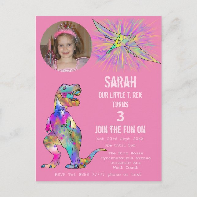 Invitation Carte Postale Dinosaur Party Girls 3e anniversaire Photo Pink Di (Devant)