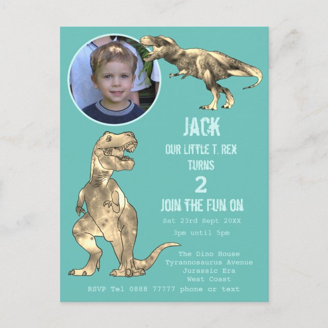 Invitation Carte Postale Dinosaur Party T Rex Boys 2e anniversaire Photo Tu (Devant)