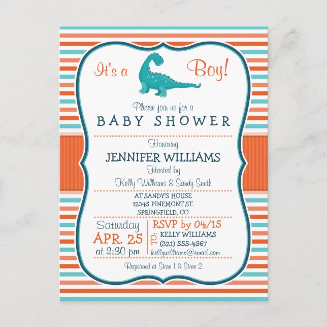 Invitation Carte Postale Dinosaure ; Baby shower Turquoise & Orange Stripes (Devant)