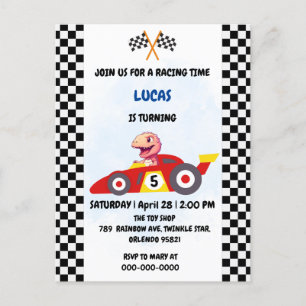 Invitation Carte Postale Dinosaure rose rouge voiture de course garçon anni