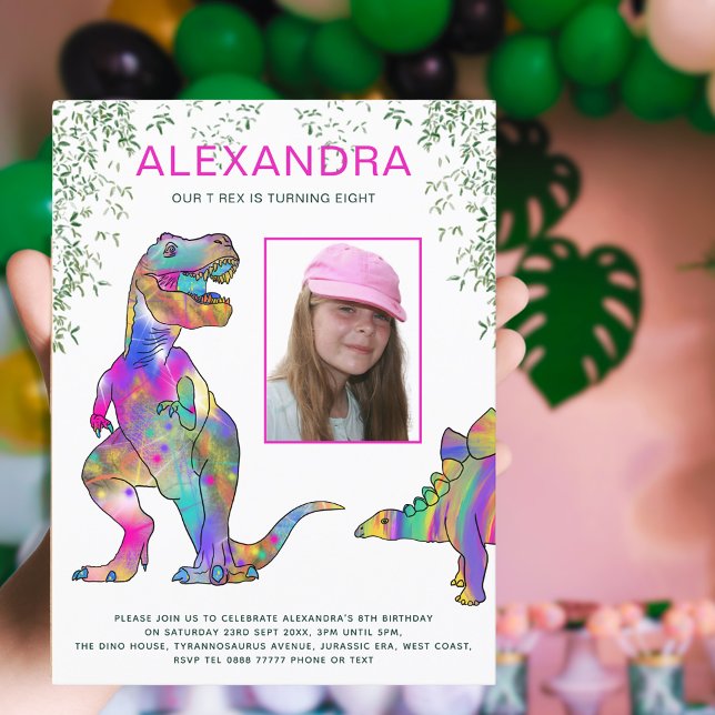 Invitation Carte Postale Dinosaure Thématique Filles Anniversaire Fête Budg (Dinosaur girls 8th birthday party budget invitation photo template and colorful T-Rex & stegosaurus)