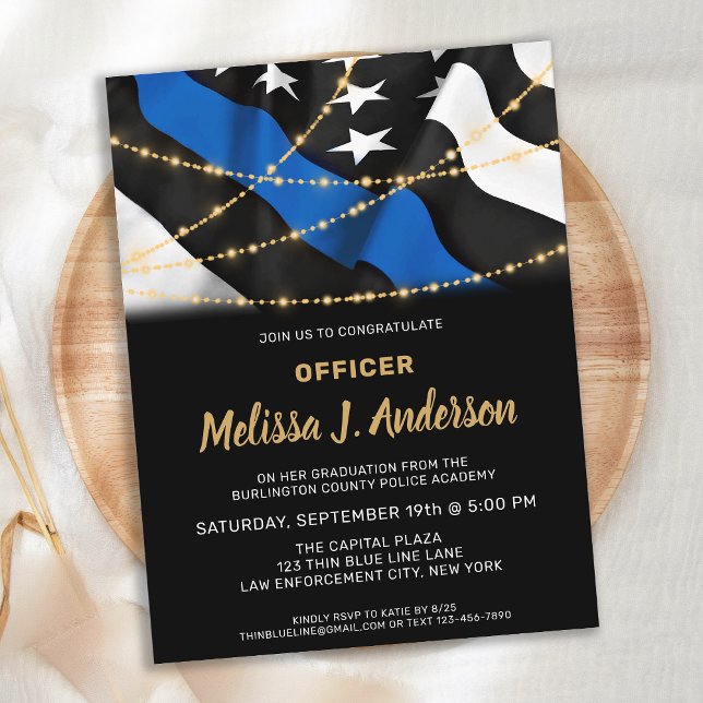 Invitation Carte Postale Diplôme d'officier de police Mince Ligne bleue (Créateur téléchargé)