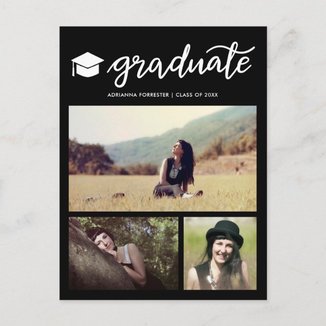 Invitation Carte Postale Diplôme Script noir Graduation Photo Collage (Devant)