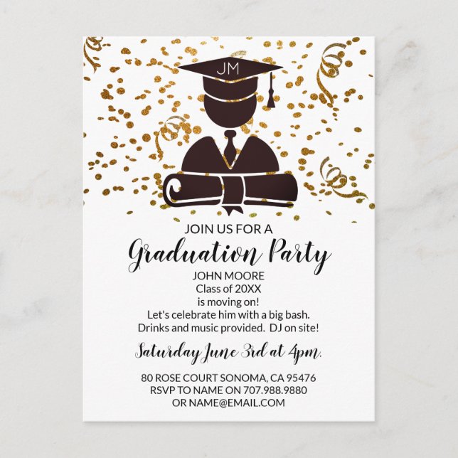 Invitation Carte Postale Diplôme Silhouette Et Confetti (Devant)