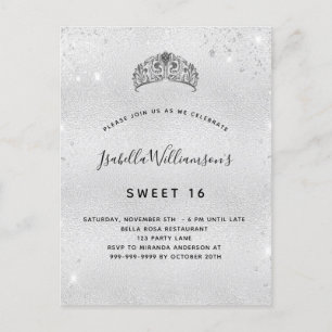 Invitation Carte Postale Douce 16 tiara parties scintillant argent