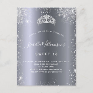 Invitation Carte Postale Douce 16 tiara parties scintillant argent