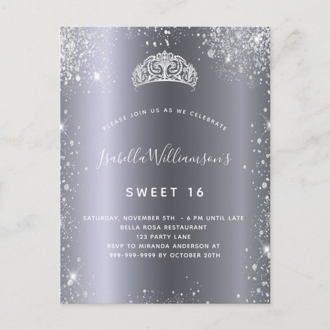 Invitation Carte Postale Douce 16 tiara parties scintillant argent (Devant)