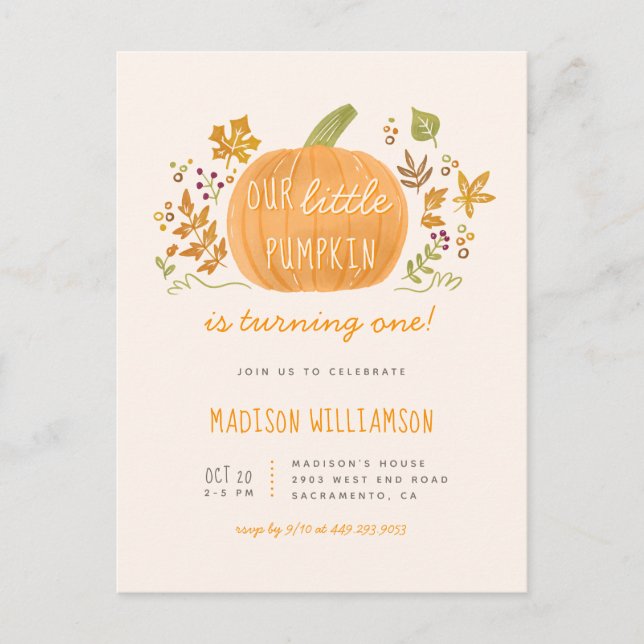 Invitation Carte Postale Douce aquarelle Petit Citrouille Automne Anniversa (Devant)