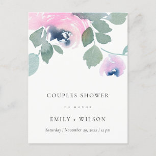 INVITATION CARTE POSTALE DOUCHE À COUPLES FLEURIS ROSE BLEU ROSE