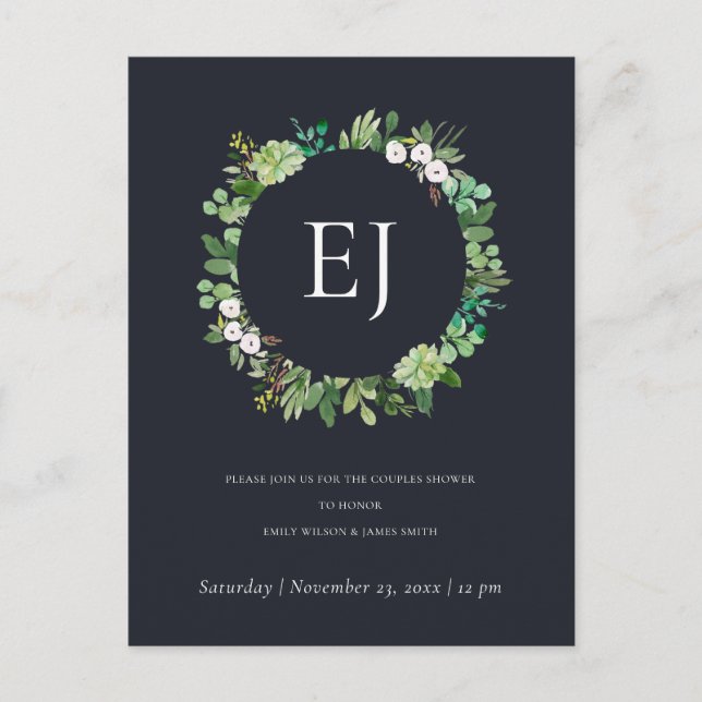 INVITATION CARTE POSTALE DOUCHE DE MONOGRAMME DE WREATH FOLIAGE DE KRAFT NO (Devant)