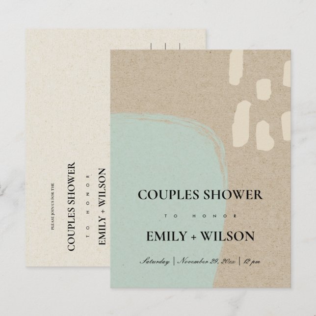 INVITATION CARTE POSTALE DOUCHE EN COUPLES BLEUS KRAFT ABSTRAIT MODERNE (Devant / Derrière)