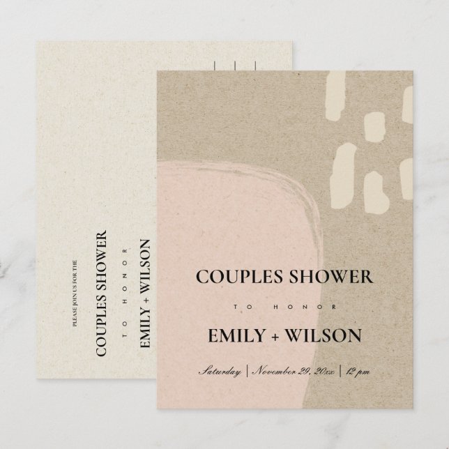 INVITATION CARTE POSTALE DOUCHE MODERNE ABSTRAITE KRAFT BLUSH PEACH COUPLES (Devant / Derrière)