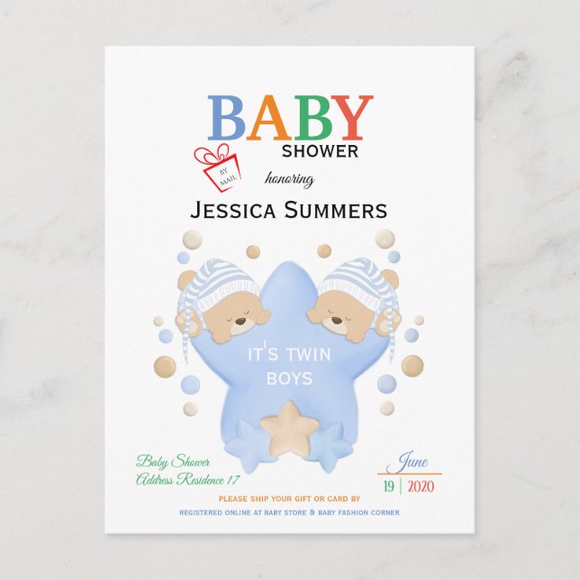 Invitation Carte Postale Douche Nounours Dormir mignonne Jumeaux Jumeaux Do (Devant)