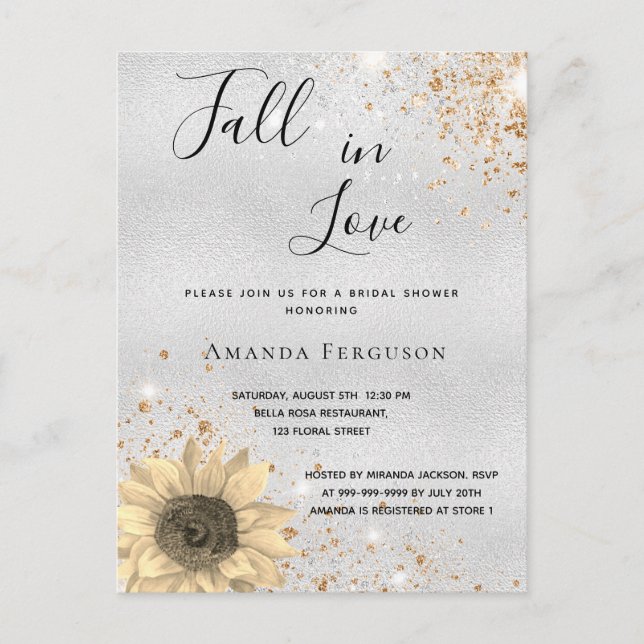 Invitation Carte Postale Douche nuptiale argent tournesol rustique chute (Devant)