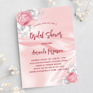 Invitation Carte Postale Douche nuptiale fleurons de soie rose roses blanch