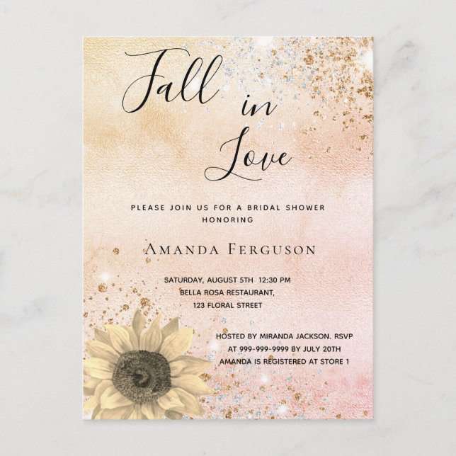 Invitation Carte Postale Douche nuptiale rose or tournesol rustique chute (Devant)