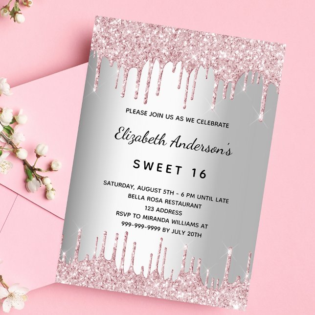 Invitation Carte Postale Doux 16 ans argent rose gouttes de parties scintil (Créateur téléchargé)