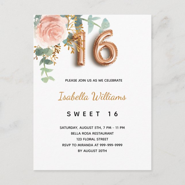 Invitation Carte Postale Doux 16 fleurs rose or vert eucalyptus  (Devant)