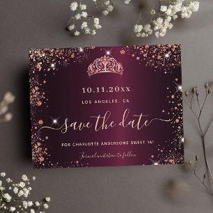 Invitation Carte Postale Doux 16 rose bordeaux parties scintillant or tiara